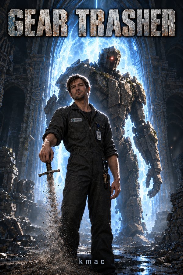 Gear Trasher cover: a man in janitor coveralls holds a disintegrating sword before a stone golem and a glowing portal